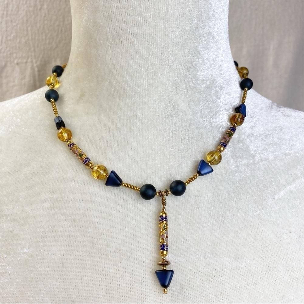 Vintage Cloisonné black and gold beaded necklace